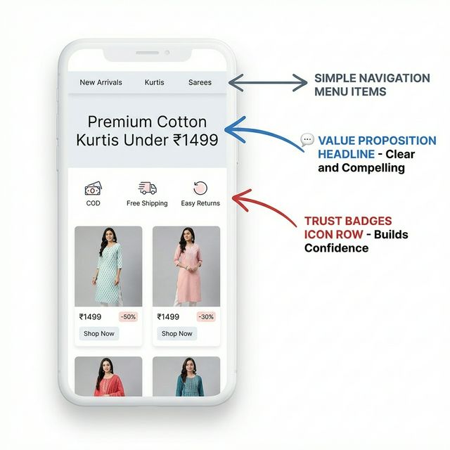 Homepage optimization for Indian fashion ecommerce showing trust signals and clear navigation